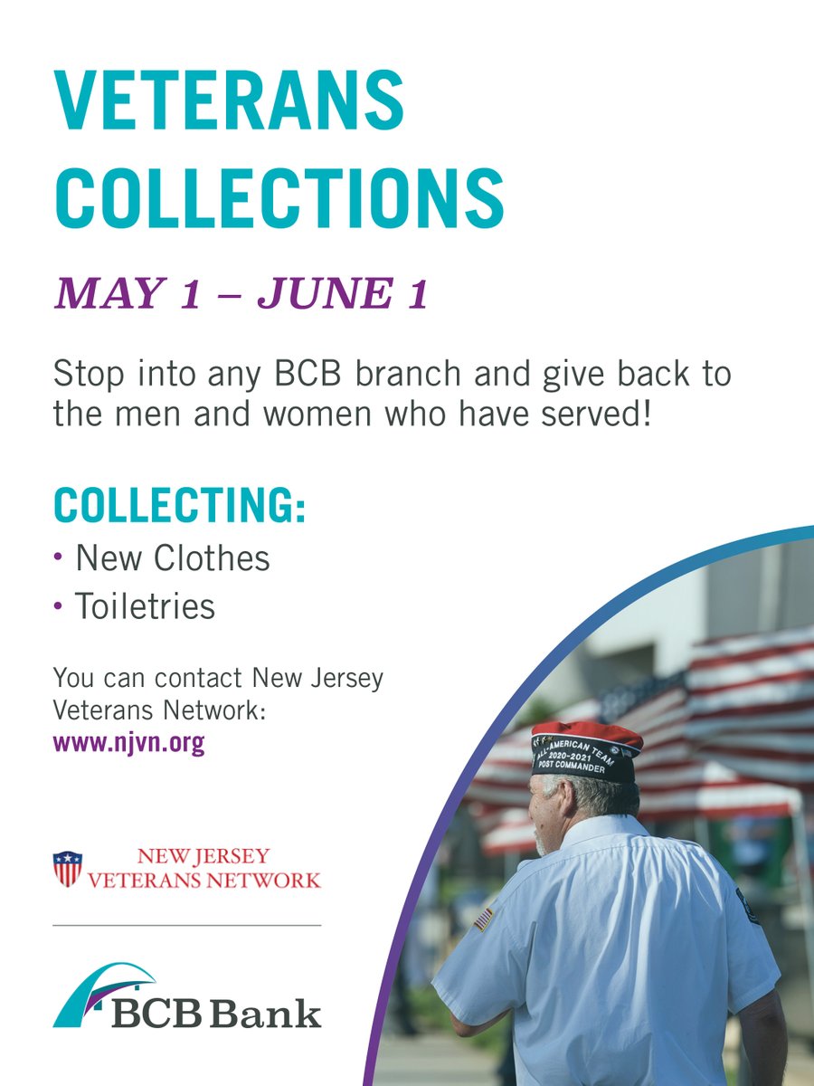 BCB_Bank's tweet photo. BCB is proud to share our Veterans' Collections initiative. Stop by your nearest BCB branch and participate by dropping off new clothes or toiletries to support our veterans! We thank you for your support! 👕🧼 https://t.co/27jOZGjj6b