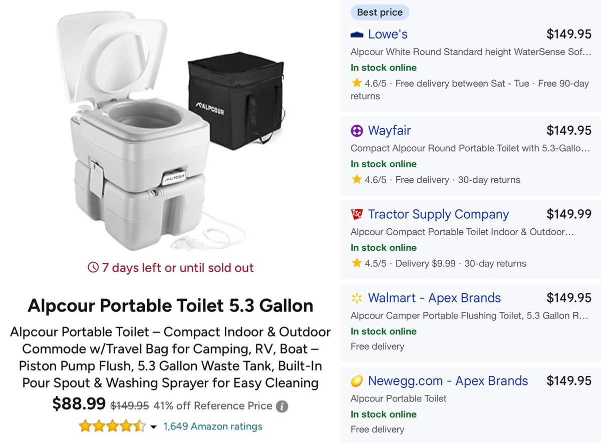 GlitchedDeals's tweet photo. PORTABLE TOILET LOWEST PRICE ONLINE 

Price dropped to $88 on this Alpcour 5.3 gallon toilet at Woot

Same indoor/outdoor camping toilet is selling for $150+ elsewhere 

Free shipping for Amazon Prime members

https://t.co/t0ATS6LVx4 #ad https://t.co/5eD9vo6Hz6