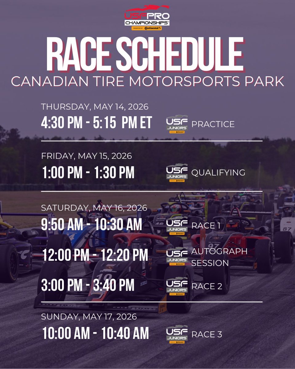 USFJuniors's tweet photo. Canada, we’re ready for ya 🇨🇦
Here’s when all the action goes down this weekend at Canadian Tire Motorsport Park! Who will come out on top?

#USFPro #INDYCAR #Motorsports  #Continentaltire https://t.co/WLBvyadm6Y