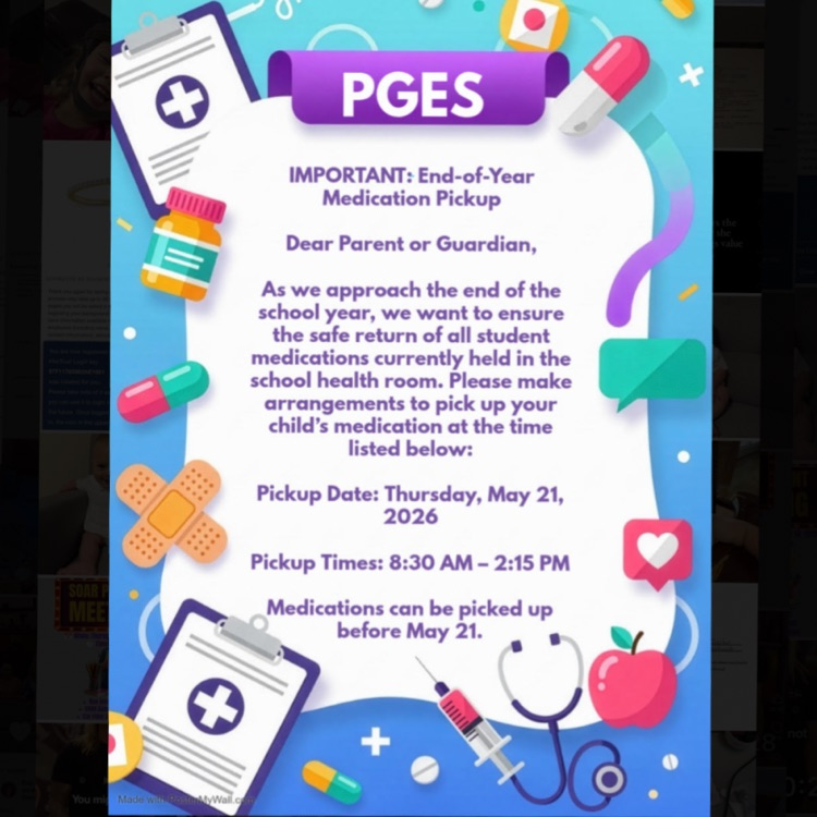 pleasantgrovees's tweet photo. IMPORTANT: End-of-Year Medication Pickup Dear Parent or Guardian, Please make arrangements to pick up your child's medication at the time listed below: Pickup Date: Thursday, May 21, 2026 Pickup Times: 8:30 AM - 2:15 PM ** Medications can be picked up before May 21. https://t.co/ySRF6Zk7Jj