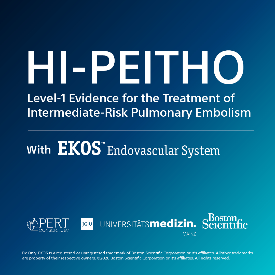 PERTConsortium's tweet photo. We’re proud to be a sponsor of the HI-PEITHO trial, which was recently published in the New England Journal of Medicine. Conducted in collaboration with Boston Scientific and the University Medical Center Mainz, this trial is a defining moment for pulmonary embolism care and was designed to close critical evidence gaps for intermediate-risk patients who are managed with anticoagulation (AC) alone. 

HI-PEITHO is a randomized controlled trial evaluating the use of EKOS plus AC compared with AC alone for the treatment of patients with intermediate-risk pulmonary embolism. Patients treated with EKOS had superior clinical outcomes with no increase in major bleeding and zero intracranial hemorrhagic events  

Learn more here: https://t.co/JRoswqApfs