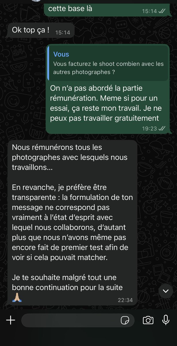 911addict_'s tweet photo. Garage BEMA en IDF - Gros revendeur de véhicules de prestige

On échange pour une collaboration future et un shooting pour un de leur véhicule (le lendemain). Au cours de la discussion j’évoque donc la question de la rémunération - Pas de réponse 

Je demande donc une deuxième fois car je me déplace le lendemain. Voici la réponse mdr

Toujours les mêmes excuses avec un ton bien condescendant en prétextant « l’état d’esprit » et la « passion ». Peut être qu’ils vendent des véhicules sans marge et taffent gratuitement jsp. Personnellement j’ai un loyer et des charges à payer

C’est quand même affolant de vendre des aventador SV d’un côté et de faire les offusqués quand on parle de rémunération pour un shoot à côté

Concernant la « qualité de mon travail » ils savaient très bien puisque recommandé par quelqu’un qu’ils connaissent et ils avaient mon portfolio.