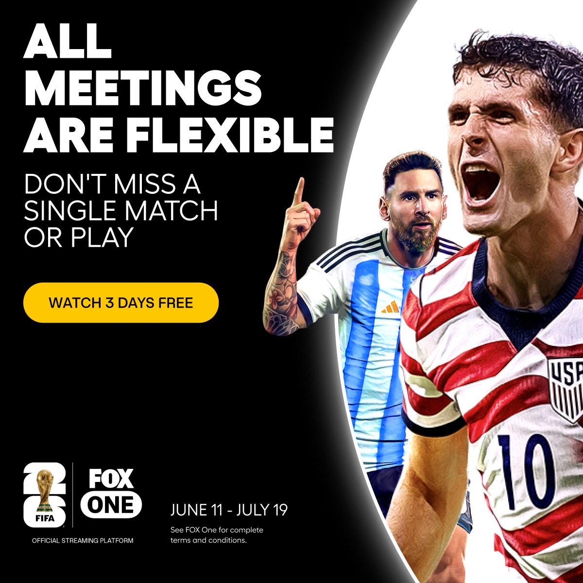 foxone's tweet photo. FOX One is the official english streaming platform of the FIFA World Cup 2026™. All 104 matches LIVE 6/11-7/19 for $19.99/mo. Watch 3 days free.