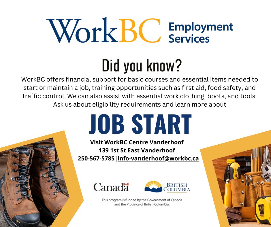 WorkbcV's tweet photo. Did you know that one of the services of WorkBC is helping client with financial support, training opportunities and even assist with essential work tools?
How?
Ask us about eligibility through;
☎️ (250)-567-5785
📩 info-vanderhoof@workbc.ca
📍 139 First Street East, Vanderhoof https://t.co/HfzVrIxW4Y