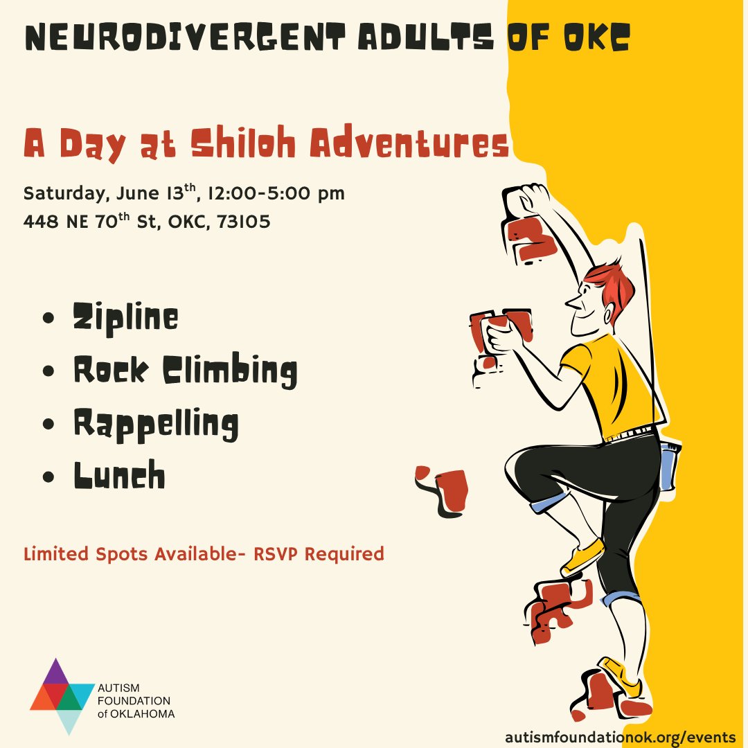 AutismFoundOK's tweet photo. 🧗‍♂️4  spots left for our June social at Shiloh Adventures! Join us for a fun day full of excitement! Get all info &amp; register at https://t.co/araMUzcFCY https://t.co/O1KQe7O5dA