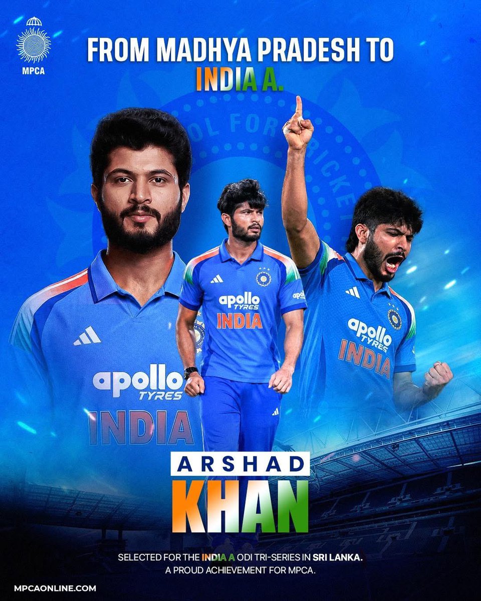 MPCAtweets's tweet photo. From the heart of Madhya Pradesh to the colours of India A 🇮🇳

A journey built on hard work, belief, and relentless passion for the game.
Congratulations to Arshad Khan on his selection in the India A squad for the ODI Tri-Series in Sri Lanka. 

#MPCA #ArshadKhan #IndiaA https://t.co/y9OGV87JPe