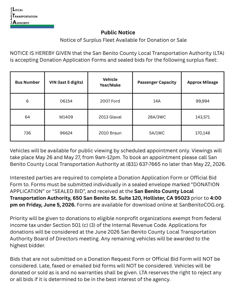 CountyExpress's tweet photo. 📢 SBCLTA Vehicle Surplus Alert!
Accepting donation applications and sealed bids for: 
2007 Ford Passenger Van
2013 Glaval Bus
2010 Braun Entervan
Viewing by Appointment:
May 26 &amp; 27 (9 AM - 12 PM)
Call 831-637-7665 by 5/22 to schedule.
#SanBenitoCounty #VehicleSurplus #PublicBid https://t.co/bsgxJN8HSr