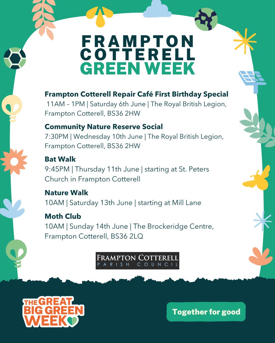 FramptonParish's tweet photo. We're taking part in the 2026 #GreatBigGreenWeek and #FestivalOfNature 6th-14th June!
Learn more at https://t.co/bNVRBNx7ag
#FCPC #FramptonCotterell #Nature #LocalEvents #Community #Green #SouthGloucestershire #FramptonCotterellParishCouncil #TogetherForGood https://t.co/4yNoQdUwdV