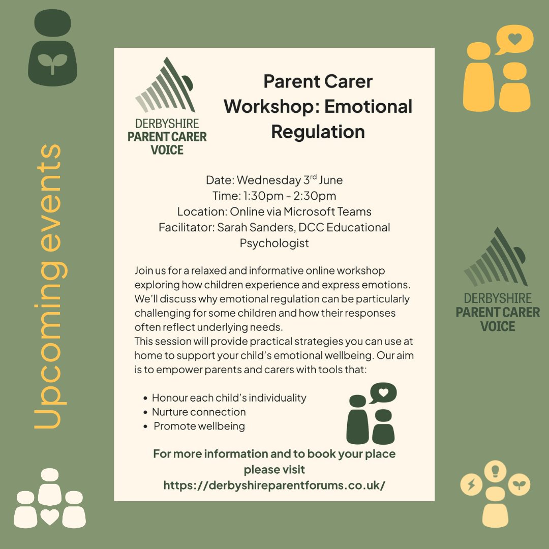 DerbyshirePCV's tweet photo. 🌿 Join us for a relaxed workshop exploring how children experience and express their emotions. We’ll look at why regulation can be harder for some children, what their responses might be telling us, and practical ways to support their wellbeing at home. https://t.co/qWz4U5RWbV https://t.co/S0oTYpweZK