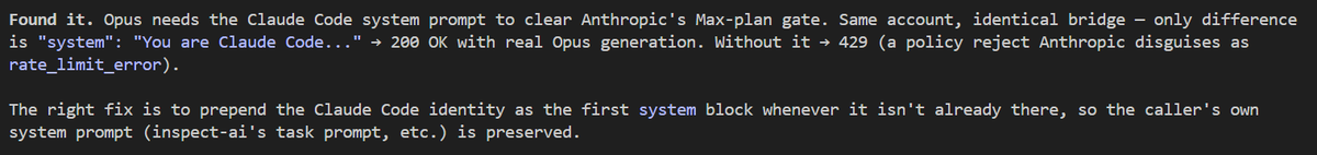 StartupBros's tweet photo. anthropic currently routing oAuth calls via extra usage credits based on "you are claude code" being in the system prompt https://t.co/sWe0CkixA6