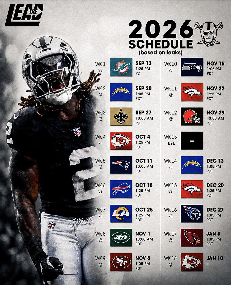RaidersLead's tweet photo. Based on leaks here is the #Raiders 2026 schedule, per @NerdingonNFL (potentially incorrect information, will find out if it is true tonight at 5)

#RaiderNation whats your thoughts? https://t.co/YBwqtBY2iP