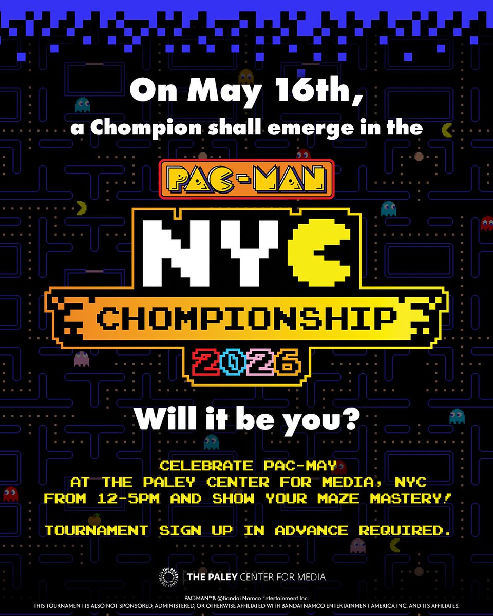 officialpacman's tweet photo. WAKA WAKA your way to glory 🏆

Celebrate PAC-MAY with us at The Paley Center for Media on May 16 for the PAC-MAN NYC Chompionship 2026! @paleycenter

Register: https://t.co/l9V1hhsvH0 https://t.co/Mj31GSfJtF