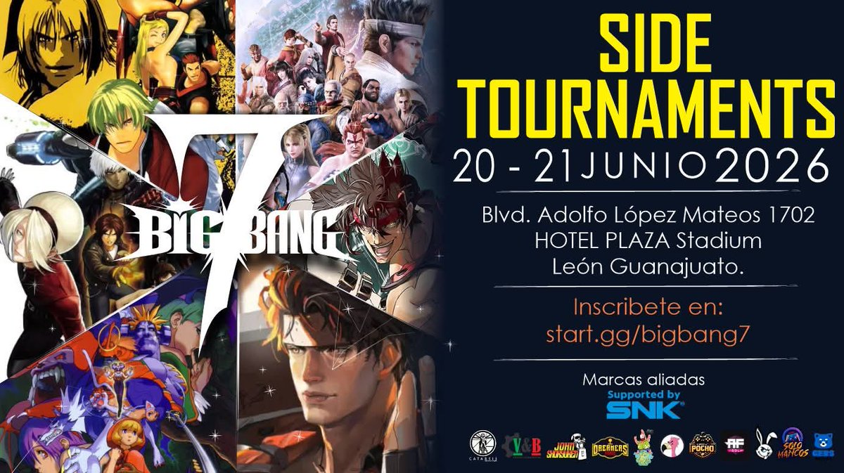 BigBangTorneo's tweet photo. Estos son los side events oficiales que tendremos en BIG BANG 7! GAROU MOTW, Virtua Fighter 5 REVO WS, KOFXIII, Guilty Gear Strive, Vampire Savior y Guilty Gear XRD Rev 2 expondrá el cinturón! Puedes participar en ellos como competidor o espectador:
https://t.co/asB1kpWXAZ https://t.co/W5GpVwtMTk