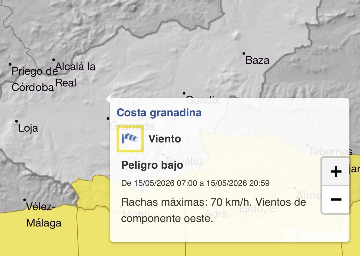 Asvogra's tweet photo. @AEMET_Andalucia 15/5/26 > #Aviso de riesgo 🟨⚠️ por FMA en la provincia de #Granada (De las 4:00h a las 21:59h)

🟨#Costagranadina > #Vientos💨> Oeste con rachas: 70 km/h

🟨#Costagranadina_costa >#Costeros> Viento 💨 del oeste y suroeste de 50/60 km/h (f7) y olas de 2/3m

⚠️ https://t.co/W6NE0tYUS4