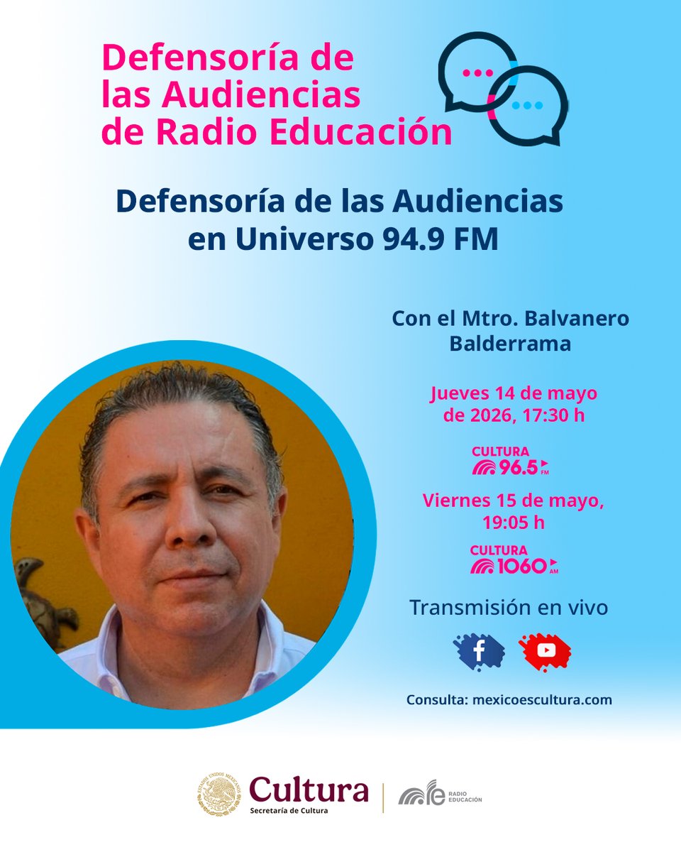RadioEducacion's tweet photo. 📣 Las voces de las audiencias importan en #Defensoría de las Audiencias de RE 📻

Conversaremos con el Mtro. Balvanero Balderrama de Universo 94.9 FM 🎙️✨ quien nos habla sobre la atención a audiencias y la garantía de sus derechos 🗣️🤝

📅 14 de mayo, 17:30 h
📻 #Cultura965FM https://t.co/13Mb8zUtXr