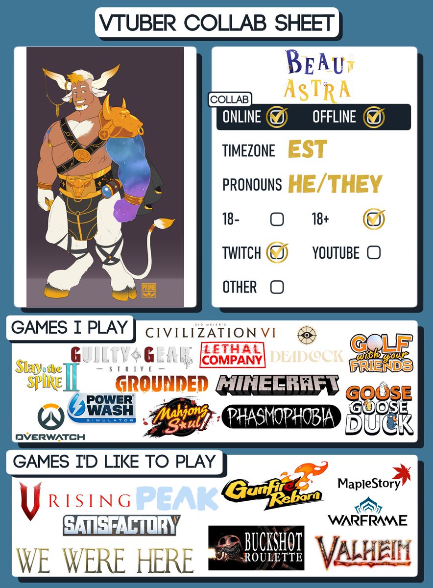 BeauAstra's tweet photo. Welcome Taurists! I'm Beau Astra, Astral Minotaur VTuber, Variety Streamer, and Lewdtuber. ♉️✨

*Updated Collab Sheet* I don't bite unless you want me to~

Twitch: https://t.co/1iYOU8i3HA
Linktree: https://t.co/j5QWtuvUfj

Tags:
🎨: #AstraAmphora
🌶️: #MinoMilkies
🔴: #AstraLive https://t.co/Pu775WgciI