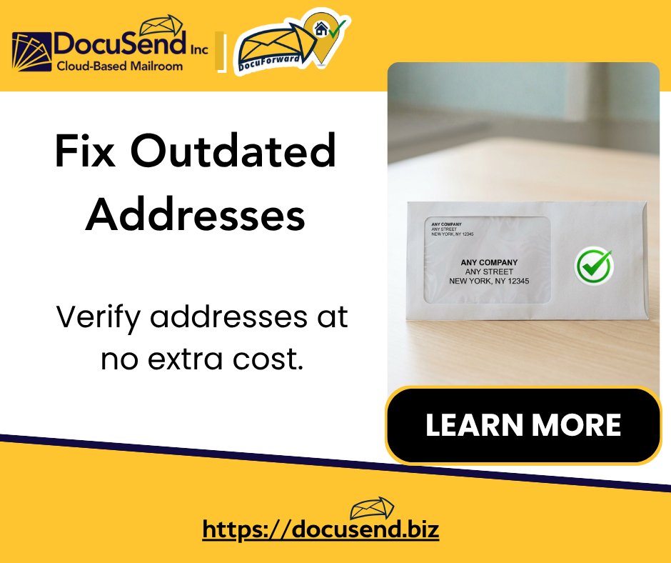 DocuSendMail's tweet photo. How to reduce returned mail? We provide a useful address-checking tool. DocuSend’s NCOA service at no extra charge lets you keep mailing lists up to date and accurate, reducing returned mail and increasing the chance of timely delivery. Discover more. ✉️https://t.co/JhmIJKYPNM https://t.co/eZ3y5lpwsm