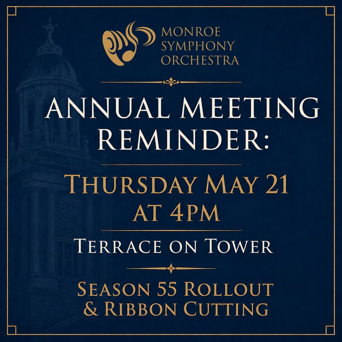 MonroeSymphony's tweet photo. One week from today! Join the Monroe Symphony Orchestra for our Annual Meeting, Season 55 Rollout &amp; Ribbon Cutting.
📍 Terrace on Tower
📅 Thursday, May 21
🕓 4pm
Patrons, musicians, and friends of the symphony are invited! #myMSO https://t.co/B0ZeOUucsW