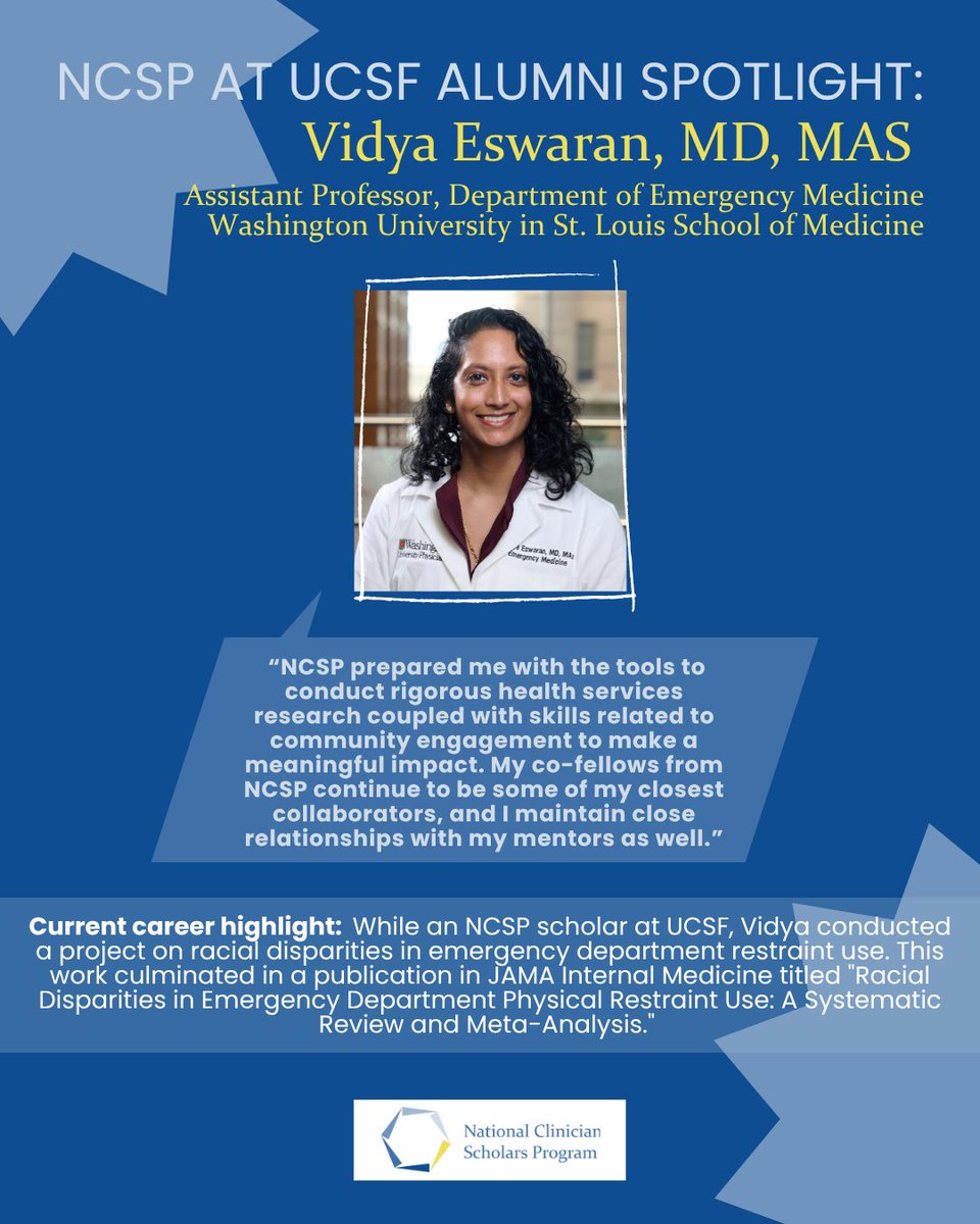 NationalCSP's tweet photo. Shining a spotlight on @NCSP_UCSF alumna Vidya Eswaran, MD, MAS! 

We’re grateful for Dr. Eswaran’s reflections on how NCSP helped shape her career journey. #ApplyNCSP https://t.co/NB0HcGt6hn