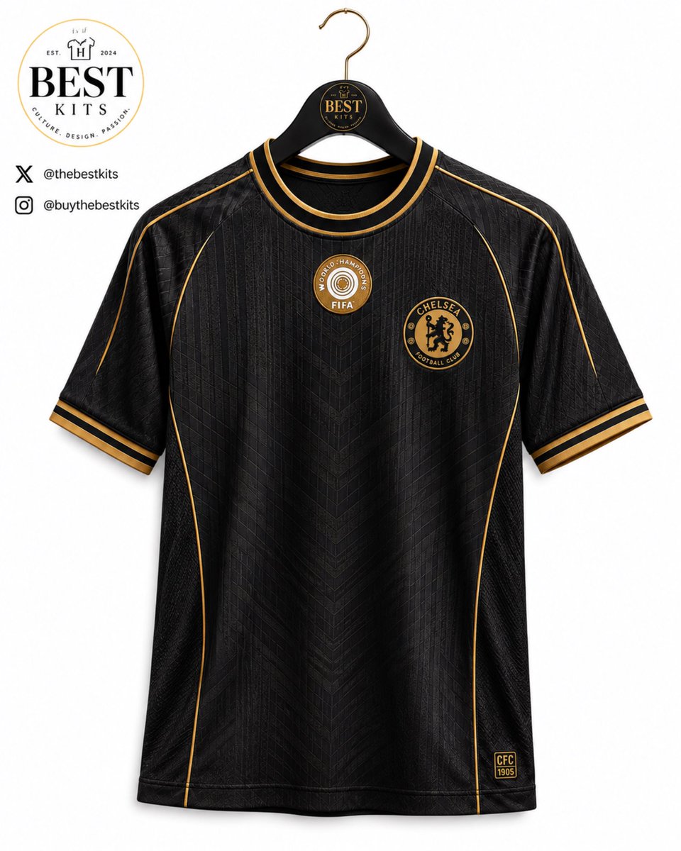 TheBestKits's tweet photo. 🚨NEW RELEASE: Chelsea FC 2026/27 third away kit concept with a gold finish 🏆🖤✨ https://t.co/aerJyB8UYN