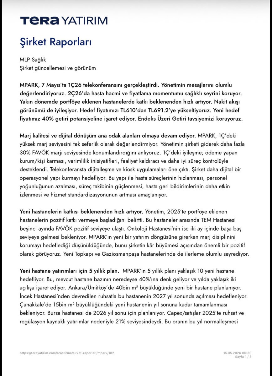RaporHub's tweet photo. Tera Yatırım ; #mpark Marj kalitesi ve dijital dönüşüm ana odak alanları olmaya devam ediyor.

Hedef fiyatımızı TL610’dan TL691.2’ye yükseltiyoruz. Yeni hedef fiyatımız 40% getiri potansiyeline işaret ediyor. Endeks Üzeri Getiri tavsiyemizi koruyoruz

#bist100 #bist30 #endeks https://t.co/lop5lHp0kU