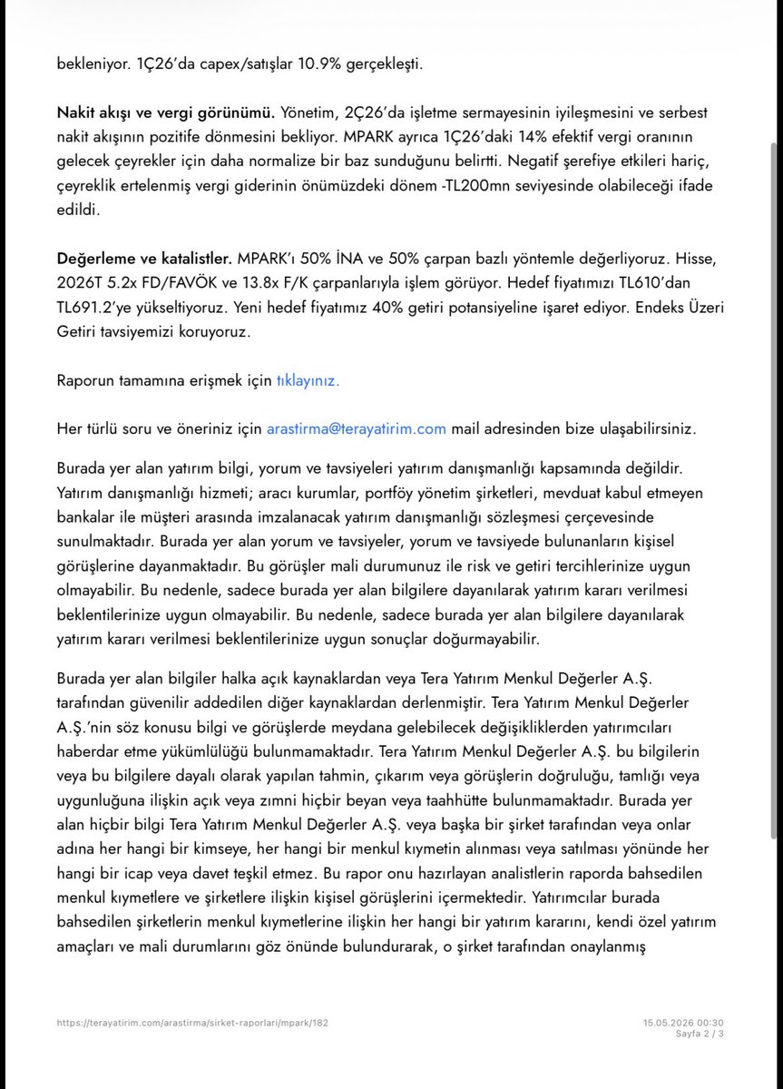 RaporHub's tweet photo. Tera Yatırım ; #mpark Marj kalitesi ve dijital dönüşüm ana odak alanları olmaya devam ediyor.

Hedef fiyatımızı TL610’dan TL691.2’ye yükseltiyoruz. Yeni hedef fiyatımız 40% getiri potansiyeline işaret ediyor. Endeks Üzeri Getiri tavsiyemizi koruyoruz

#bist100 #bist30 #endeks https://t.co/lop5lHp0kU