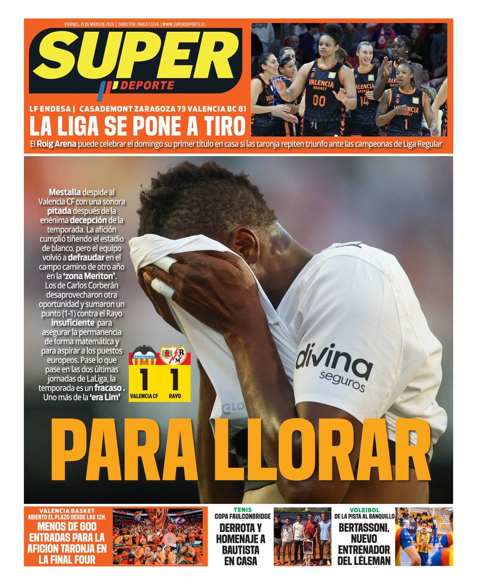 superdeporte_es's tweet photo. Esta es la #SUPERPortada 🗞🆕 de este viernes 15 de mayo

🦇‘PARA LLORAR'😡

 #𝐋𝐚𝐂𝐚𝐬𝐚𝐃𝐞𝐥𝐃𝐞𝐩𝐨𝐫𝐭𝐞𝐕𝐚𝐥𝐞𝐧𝐜𝐢𝐚𝐧𝐨
 
 🔗https://t.co/AzyrohAuGh🔗 https://t.co/Y5dgQSihLH