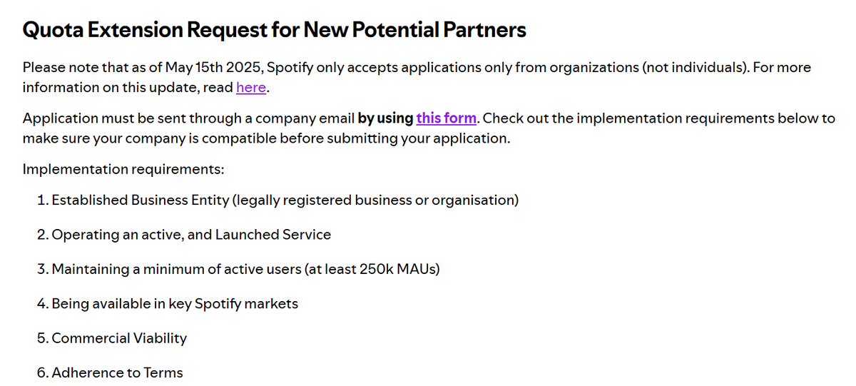 AY_D1's tweet photo. @Spotify  API policy is literally just a giant fuck off to solo developers. If you don't already have a massive user base and a corporate legal team, you aren't allowed to build on their platform. Saw this late 🙂 https://t.co/e9KEp8AD3h