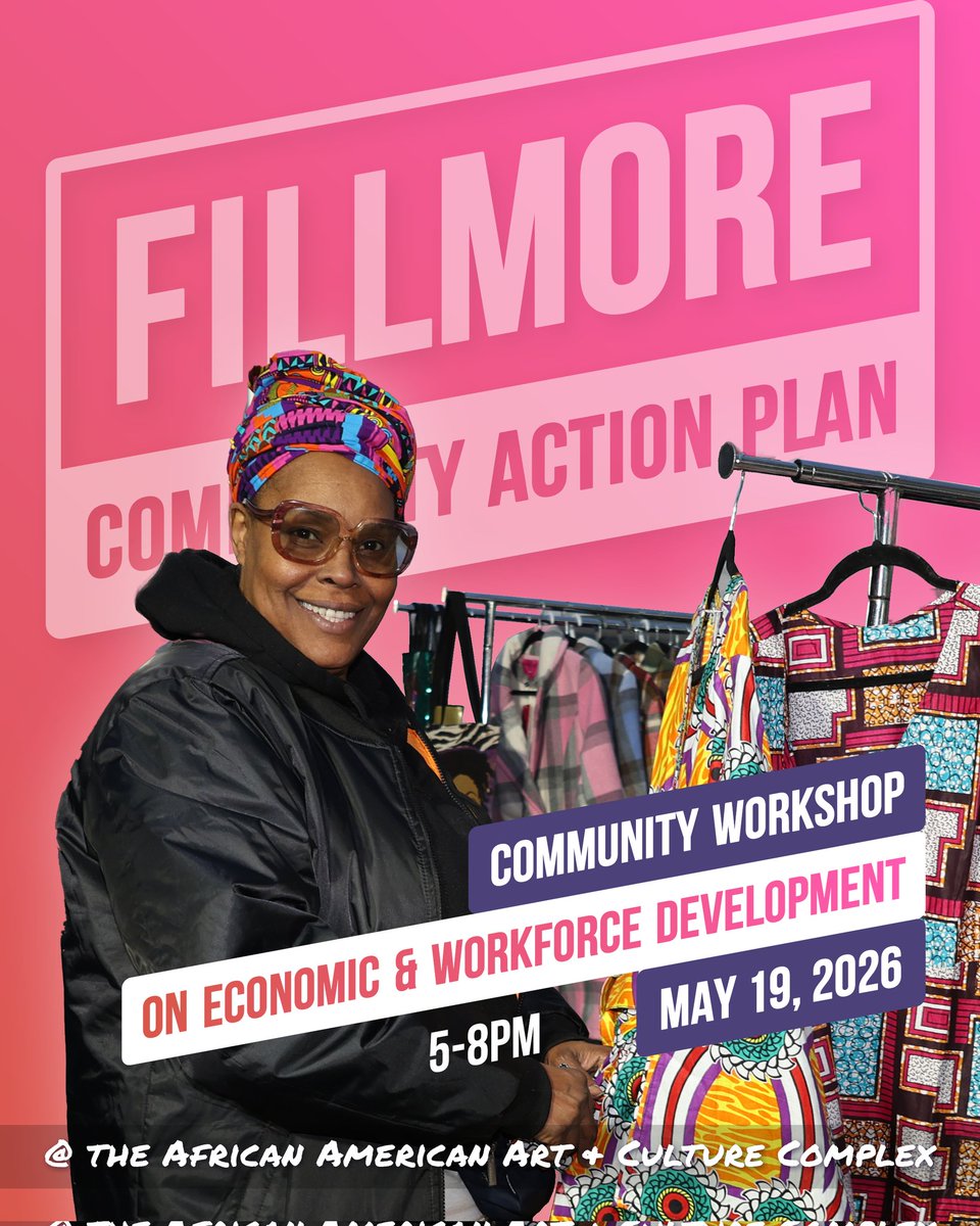 sfplanning's tweet photo. Fillmore Community Action Plan Workshop #3: ECONOMIC &amp; WORKFORCE DEV (w/ @sfoewd

Help shape jobs, small business support &amp; opportunity in the Fillmore.

📅 May 19 | 5PM doors, 5:30PM start
Food provided

RSVP: https://t.co/pvoCsqmRRz https://t.co/0ZJ6TYGPY2