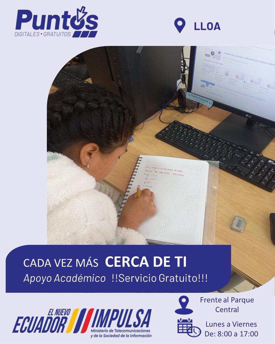 PDLloa1601's tweet photo. En el Punto Digital Gratuito Lloa puedes acceder a todos los SERVICIOS de manera GRATUITA.
📷Internet 📷
📷Refuerzo académico 📷
📷Investigaciones 📷
📷Servicios en línea
📷Capacitaciones 📷
📷Te esperamos📷
#puntosdigitalesgratuitos #MINTEL #ElNuevoEcuadorImpulsa https://t.co/k8DcEw5NgH