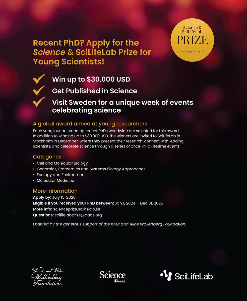 ScienceMagazine's tweet photo. Are you a recent Ph.D. graduate? Apply for the Science &amp; @scilifelab Prize for Young Scientists.

The $30,000 grand prize will be awarded for outstanding research in cell and molecular biology, genomics, ecology, or molecular medicine. 

Apply by 15 July: https://t.co/CdWCJt0V2l https://t.co/qWzZALfgYE