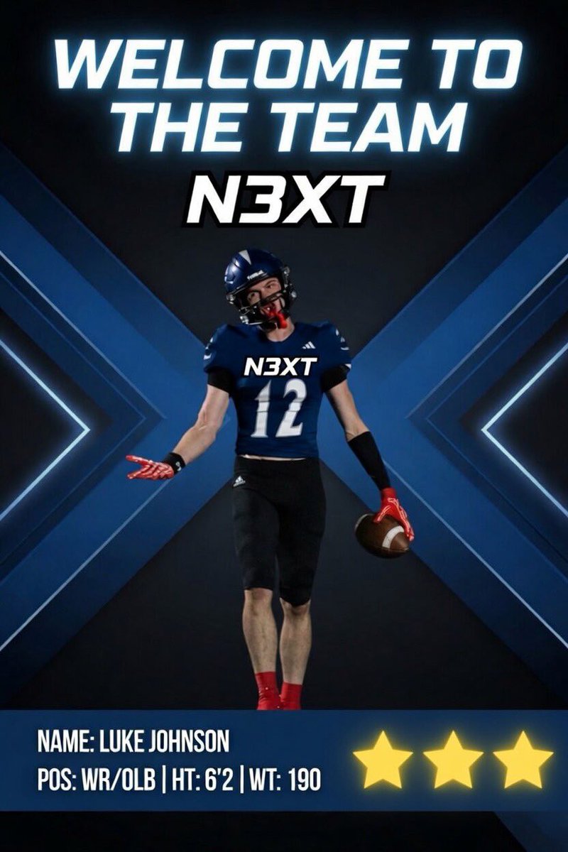 N3XTrecruiting's tweet photo. 🚨 Welcome to the team, Luke Johnson! @1uk2j 

3-Star WR/OLB Luke Johnson (6’2 195) is officially joining the squad 🔥

We’re pumped to add this big, physical playmaker with excellent length, speed, and ball skills. Ready to see you win at the catch point on offense and use that size to dominate in the secondary on defense!