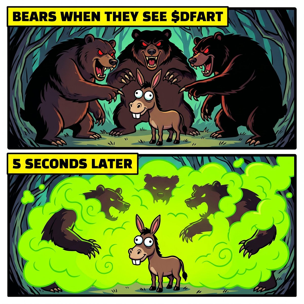 knight_of_sol's tweet photo. The bears are coming. 
The button is right there. 😂💨 
$DFART: Don't. Tempt. Him. 
#DFARTNewLogo @Donkeyfart1776 https://t.co/1hBxvjxdPX