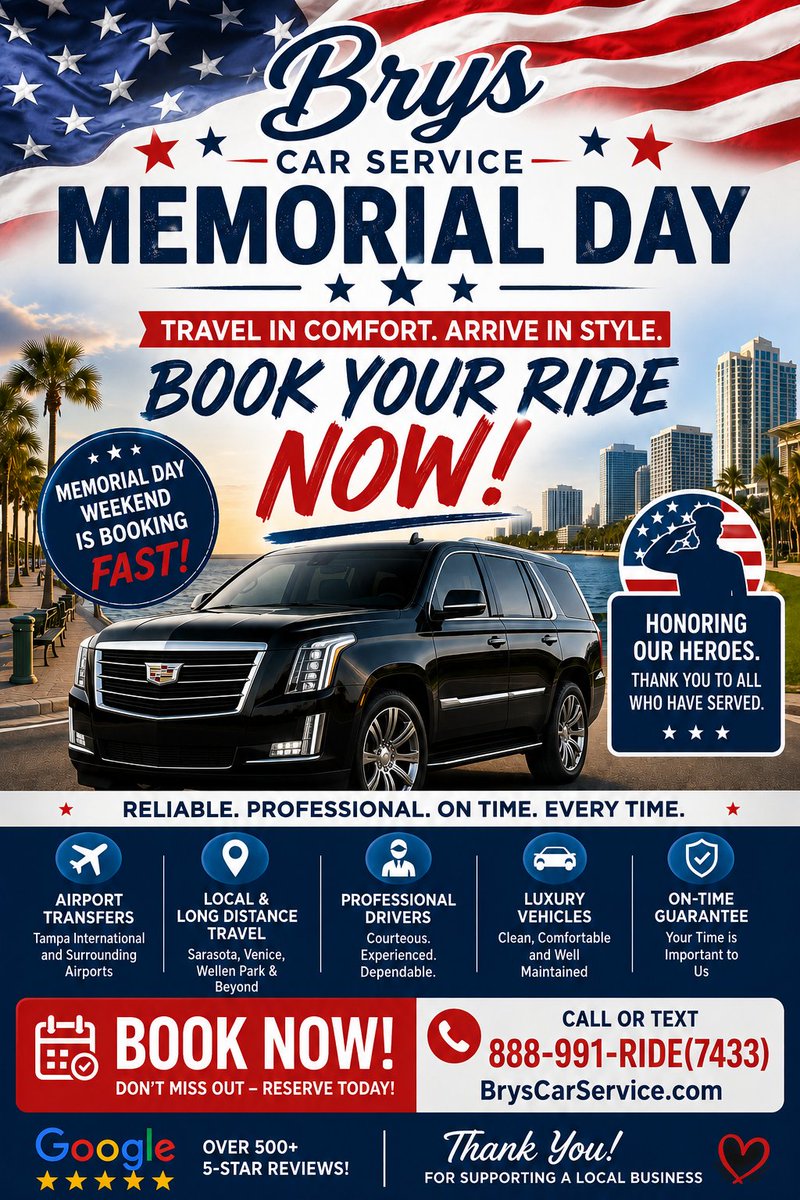 BrysCarService's tweet photo. 🇺🇸 MEMORIAL DAY TRAVEL SPECIAL 🇺🇸

BOOK YOUR RIDE NOW!

Brys Car Service
⭐ 5-Star Rated Luxury Transportation
🚘 Airport Transportation • Long Distance Travel

✅ Tampa Airport Transportation
✅ Sarasota, Venice &amp; Wellen Park Service
✅ Professional Drivers
📱 888-991-(7433) https://t.co/39hQ4VVYsy