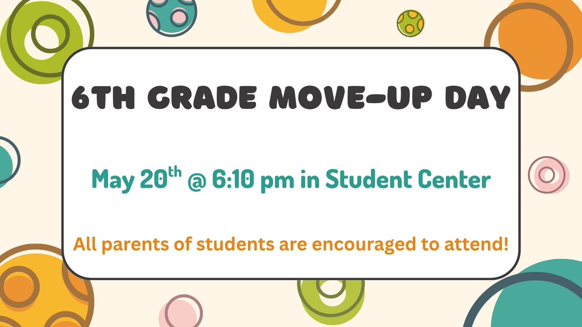 FirstRainsville's tweet photo. 6th grade move-up is tonight! Parents and students are encouraged to join us in the Student Center at 6:10 PM. https://t.co/hC0DX0v6fP