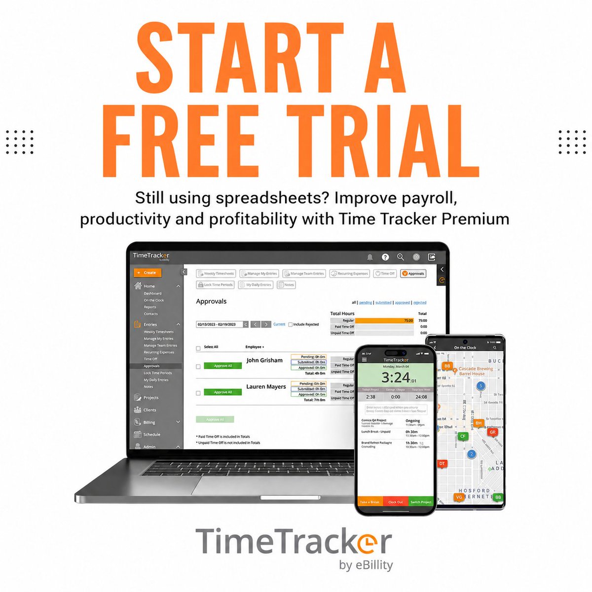 eBillity's tweet photo. Still using spreadsheets to track time and manage invoices? There’s a smarter solution. Start your FREE trial of Time Tracker Premium and discover how easy it is to simplify your workflow. Start your free trial today at https://t.co/7oZOGLgkyt
#FreeTrial #TimeTracking #Invoicing https://t.co/w9otgbC6IE