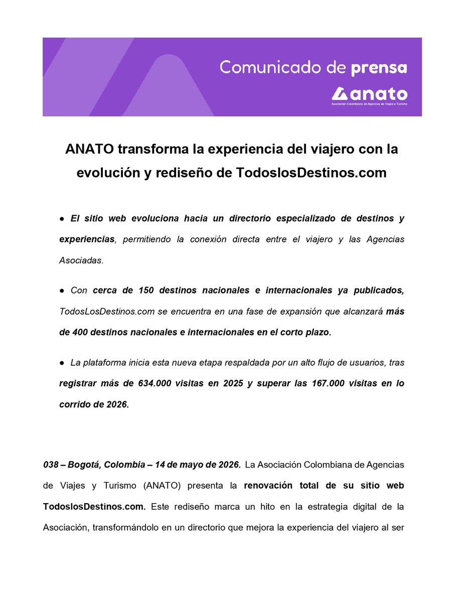 AnatoNacional's tweet photo. 🗞️ #ComunicadoANATO
https://t.co/0VKgNicOjG evoluciona hacia un directorio especializado de destinos y experiencias, permitiendo la conexión directa entre el #viajero y las #AgenciasdeViajes Asociadas. 🤝🧳
@PaulaCortesC https://t.co/GlQdQyKPG7