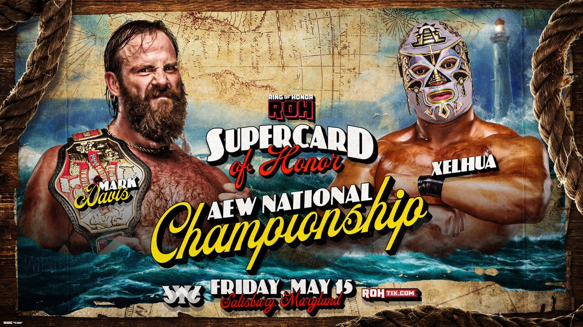 ringofhonor's tweet photo. TOMORROW
Salisbury, MD | Wicomico Civic Center
#ROHSupercard of Honor
https://t.co/8dcdtxr3sN

@AEW National Title
Mark Davis vs. Xelhua

The #AEW National Title will be defended in ROH once again as champion @DUNKZILLADavis faces the returning @xelhualuchador for the gold! https://t.co/zco1EEa2TF