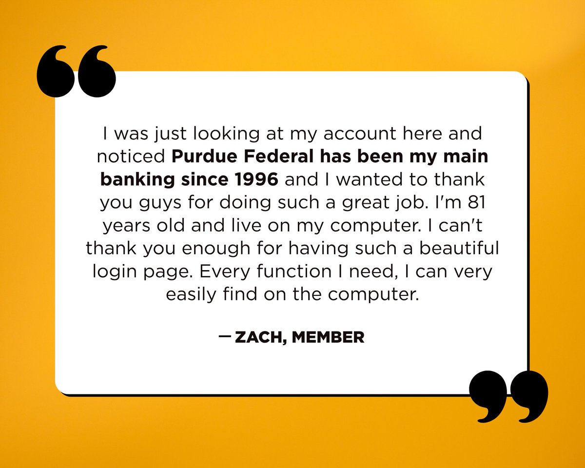 PurdueFed's tweet photo. 30 years of trust. We love hearing from members like Zach, who has called Purdue Federal home since 1996! Thank you for sharing your kind words, Zach. Stories like yours remind us why we do what we do. We are proud to be your trusted financial partner for life! 💛🖤 https://t.co/CDRxtqR8Rd