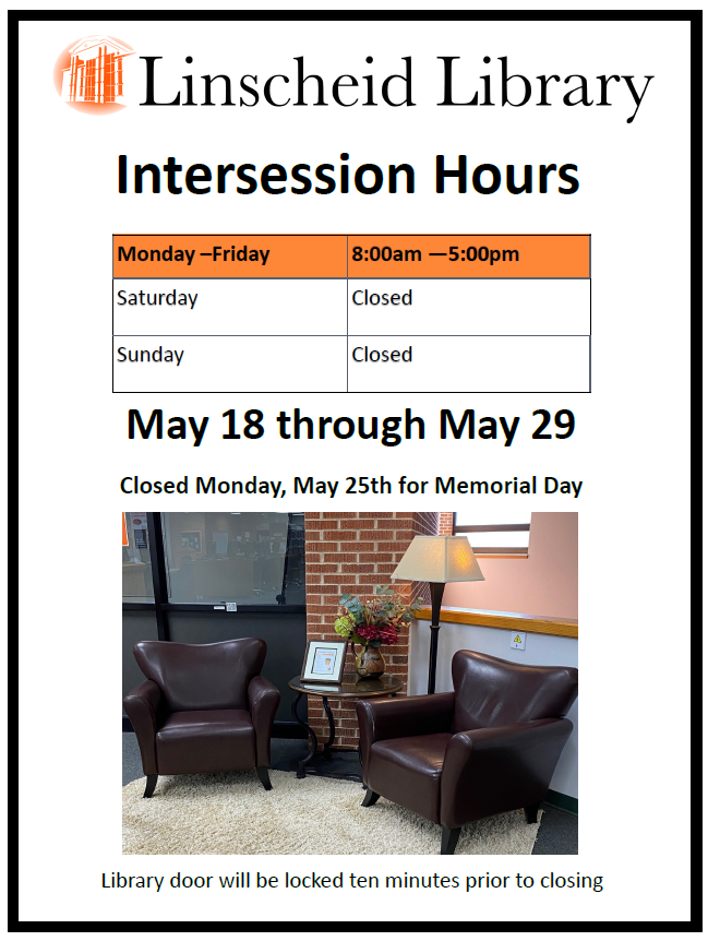ecoklibrary's tweet photo. The library's intersession hours run from Monday, May 18th, through Friday, May 29th. Campus is closed Monday, May 25th, for Memorial Day. See our hours of operation at https://t.co/460iBJTFwN… #ECOKLibrary #ECUTigers #ECUTigerUpdates https://t.co/S4PNWbPezp