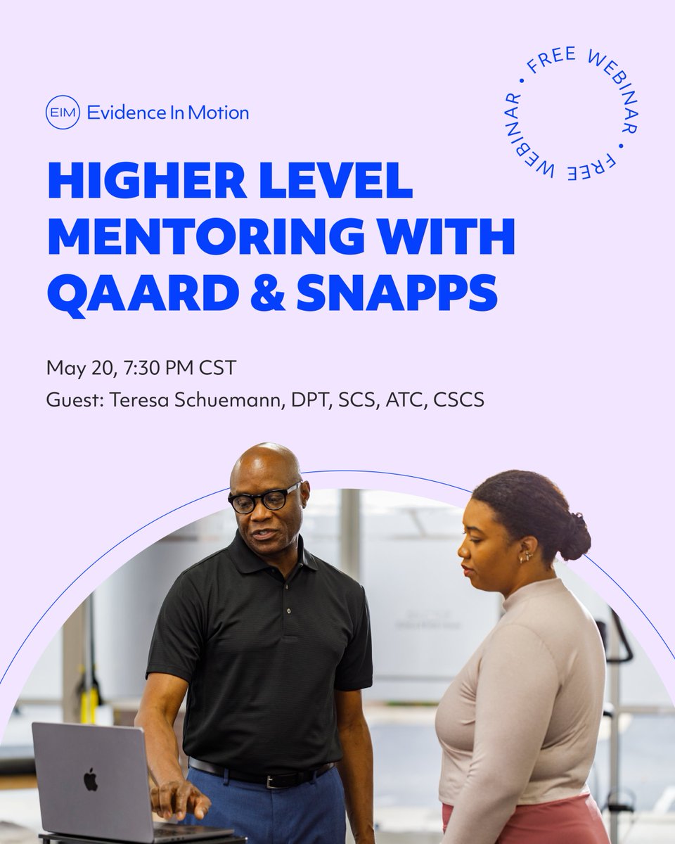 EIMTeam's tweet photo. Mentoring is more than guidance, it’s a tool for deeper clinical growth 💥 Join Teresa Schuemann, DPT, SCS, ATC, CSCS on May 20 @ 7:30PM CST for Higher Level Mentoring With QAARD &amp; SNAPPS. Learn strategies to elevate mentoring and patient care! https://t.co/Z3f9XmkzPb https://t.co/SvIBcjTxl0