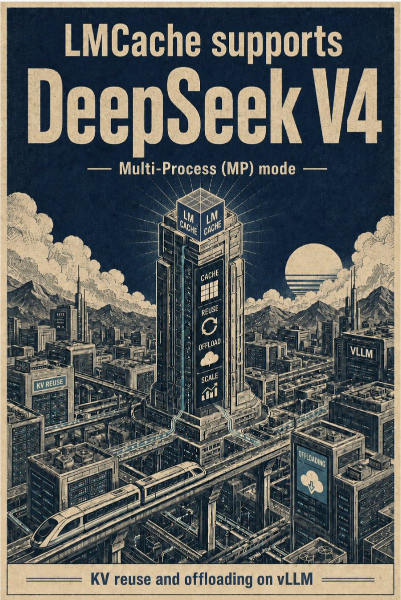 lmcache's tweet photo. LMCache now supports DeepSeek V4 in multi-process(MP) mode! Huge thanks to the community and everyone who helped make this happen.

So what makes DeepSeek V4 different?

Most models LMCache supports today use a uniform KV cache layout across layers. For example, Llama, Qwen, and GPT-OSS typically use the same block_size across the model.

DeepSeek V4 is different. It uses multiple KV cache formats in the same model(illustrative example: actual numbers may differ):
Layers 1–50: block_size = 16 — regular attention, uncompressed
Layers 51–58: block_size = 4 — compressor caches
Layers 59–60: block_size = 1 — indexer caches

You can find more details on this in our technical deep dive blog:
https://t.co/W8DJuMhHSq

On the LMCache side, MP mode now tracks the KV layout per layer group instead of assuming one packed format across all layers. This lets LMCache read and transfer KV cache from the correct memory locations, while models with uniform layouts continue to use the original fast path.

If you are running DSV4 on vLLM and want to use LMCache for KV reuse or offloading, the MP path is ready to try!

#AI #LLM #Inference #LMCache #DeepSeek