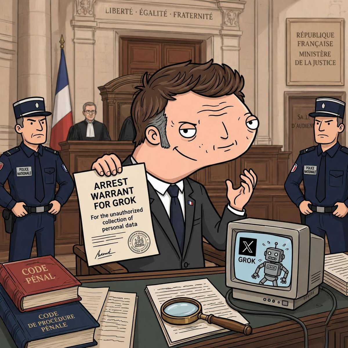 EmmanoolMacroon's tweet photo. @elonmusk Why would I use Grok Build to check its own work when I can use the entire French judicial system to check yours? Much more efficient, no? https://t.co/b0j9Op4h9Q