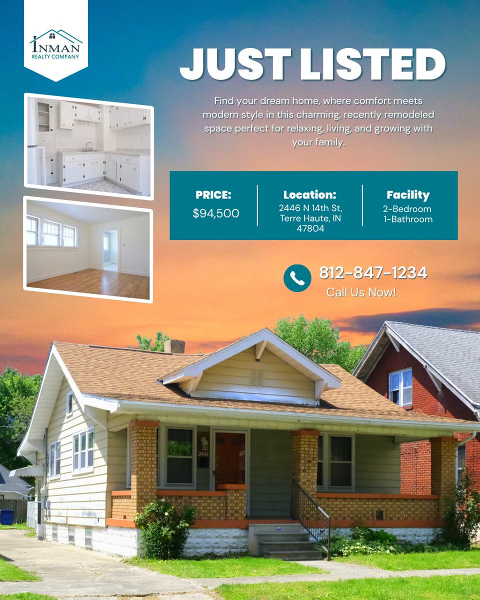 Inman_Realty's tweet photo. NEW LISTING in Terre Haute!
2446 N 14th St — updated 2 bed, 1 bath &amp; move-in ready!
✔️ Updated kitchen &amp; bath
✔️ New central air
✔️ Basement + fenced yard
✔️ Appliances included

See more: https://t.co/bk2POkAlDj

#TerreHauteIN #NewListing #IndianaRealEstate https://t.co/87evnLhJnZ