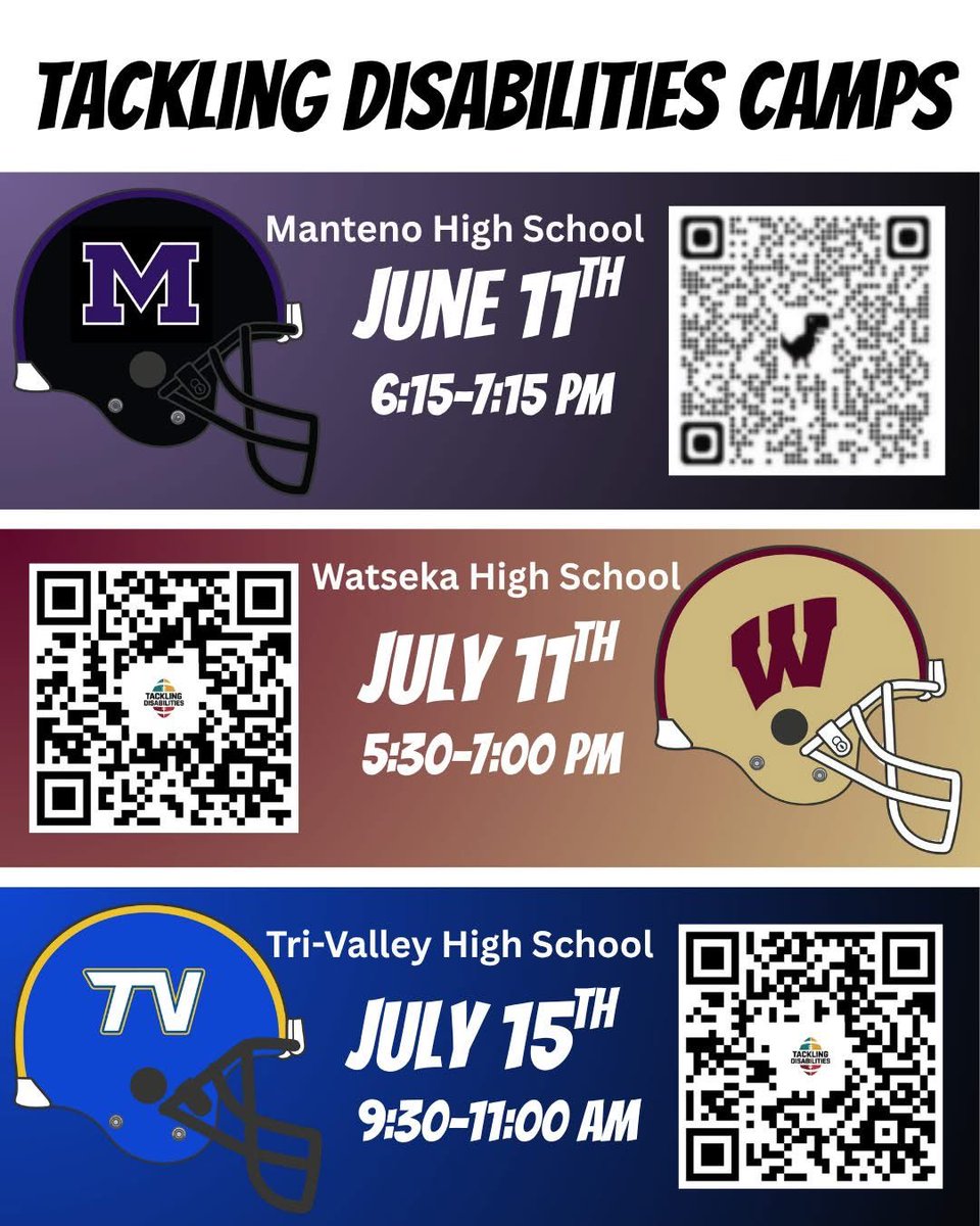 Coach_Fransen's tweet photo. Tackling Disabilities has THREE camps this summer!  Check out all the dates and locations here!  We look forward to seeing everyone there! https://t.co/UwxGxlT5jf