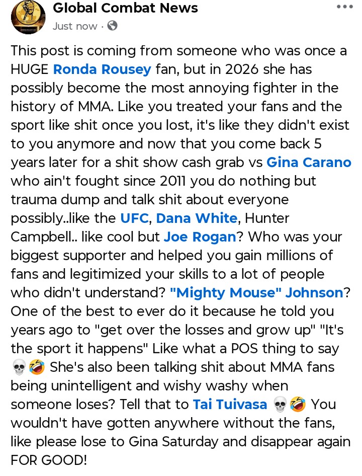 GlobalCombatNow's tweet photo. @RondaRousey @ginacarano @netflix @ufc @danawhite @MostVpromotions 
#rouseyvscarano #mvp #netflix #mma #ufc #globalcombatnews #combatsports #like #share #follow #rondarousey #ginacarano 
PS @Amanda_Leoa &amp; @KaylaH Beat Both Gina and Ronda in the same night. Possibly the same time. https://t.co/Q7OMhZjKhr