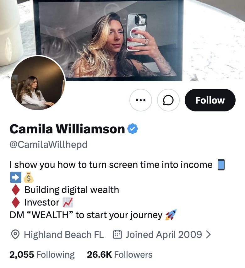 decensorednews's tweet photo. To be clear, not only did they “hack” @CJardula’s original account (which was @yopasta) — they also CHANGED THE USERNAME AND PROFILE to a completely different person, “Camila Williamson.”

“Her” account shows 14.2K posts, but if you look at the post history, everything before a few weeks ago is from Craig (because it’s actually his account).