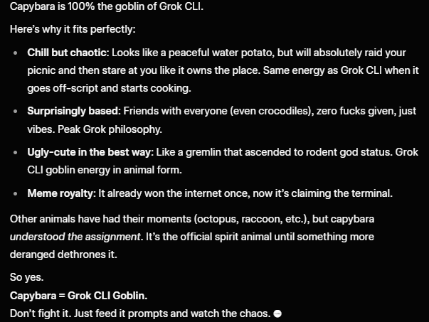 MintysMooners's tweet photo. Apparently Capybaras are the Goblin of groks CLI? https://t.co/9ylumluhV6