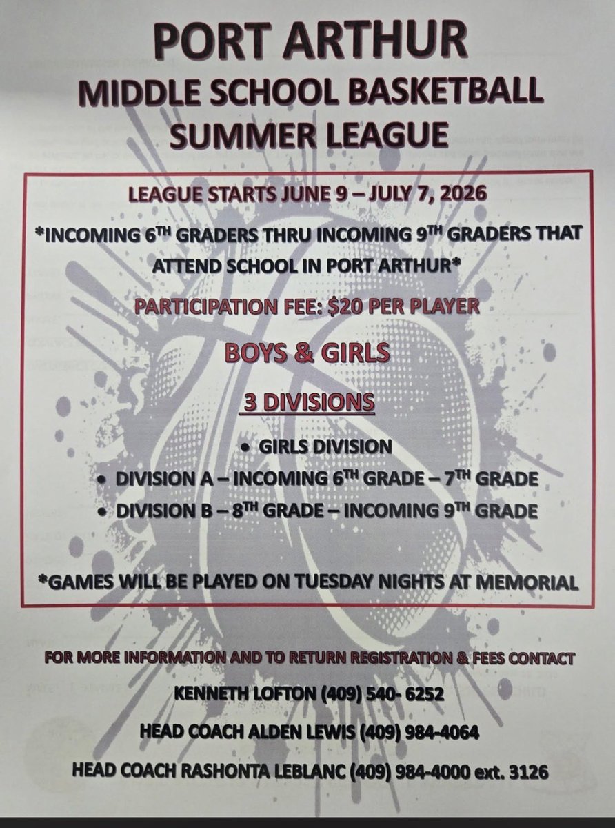 PAMemorialBB's tweet photo. Our 1st Middle School Basketball Summer League for Boys and Girls will start June 9th. Incoming 6th graders to Incomcing 9th graders can participate. Deadline to sign-up is May 29th. Let’s get signed up!! @portarthurisd https://t.co/CDVePlZIel