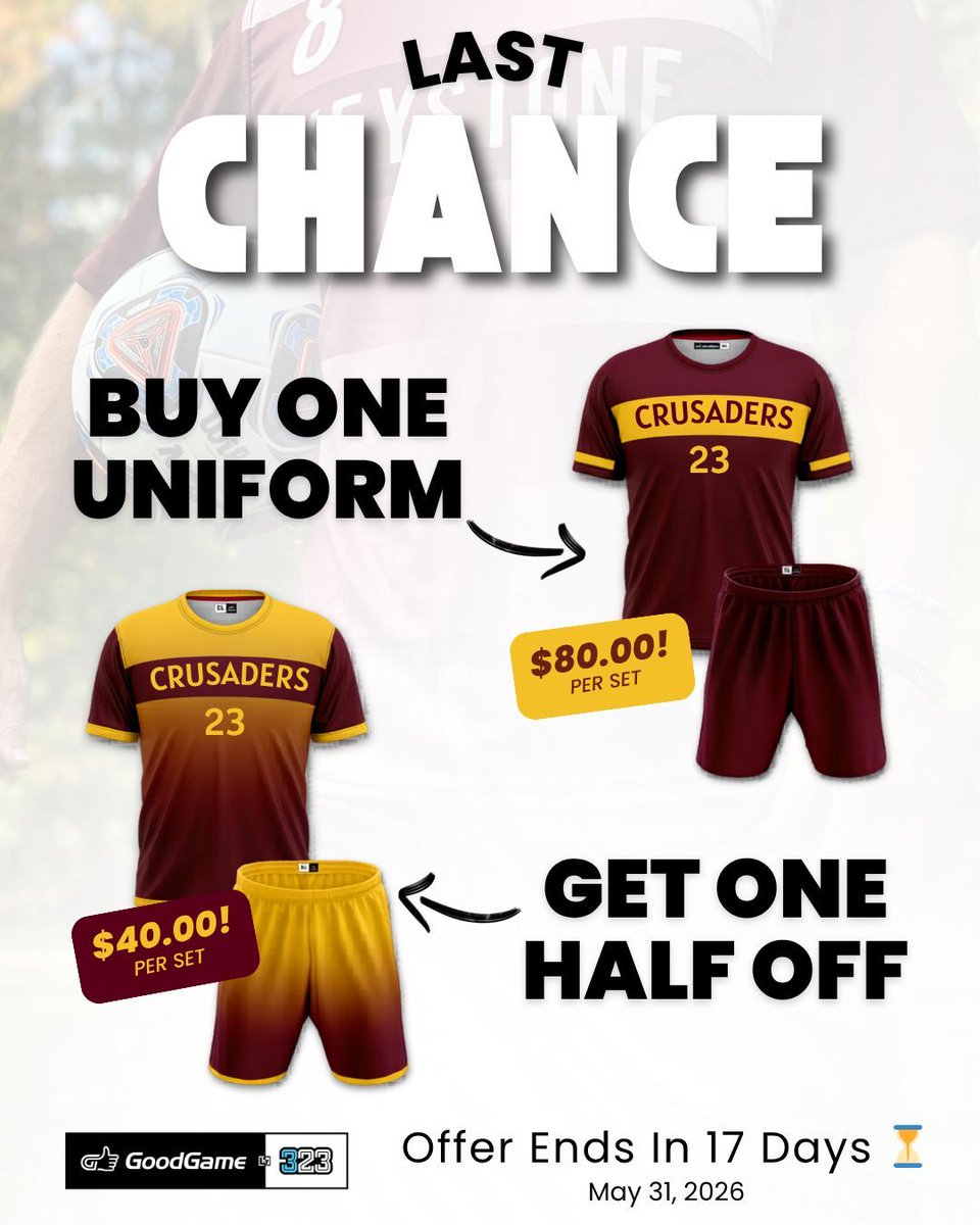 323sports's tweet photo. ⚽️ 𝐂𝐨𝐚𝐜𝐡𝐞𝐬: You're running out of time to get two Good Game Uniforms for only $120! 

These uniforms are durable, fully customizable, and ready for a busy summer soccer circuit! ☀️

Learn more &amp; reach out today for a quote: https://t.co/bUhuooH4Ei https://t.co/8itPa6krgX